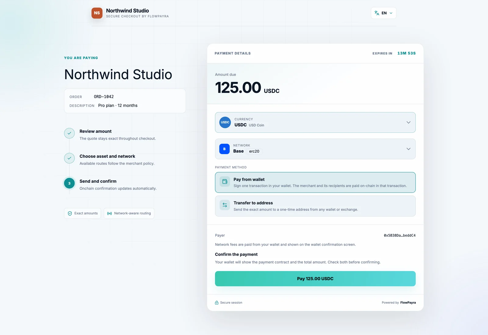 Hosted checkout — Pay from wallet · Desktop